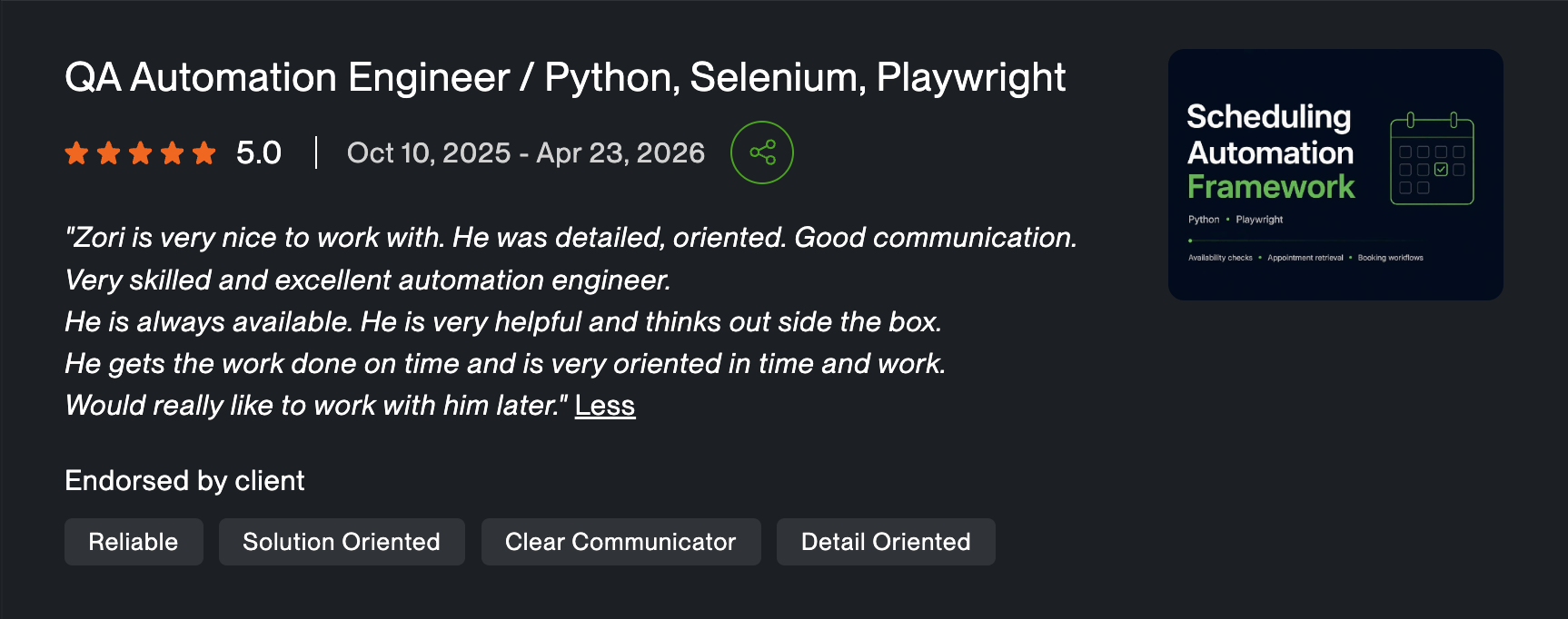 Upwork client review for QA Automation Engineer work with Python, Selenium, and Playwright
