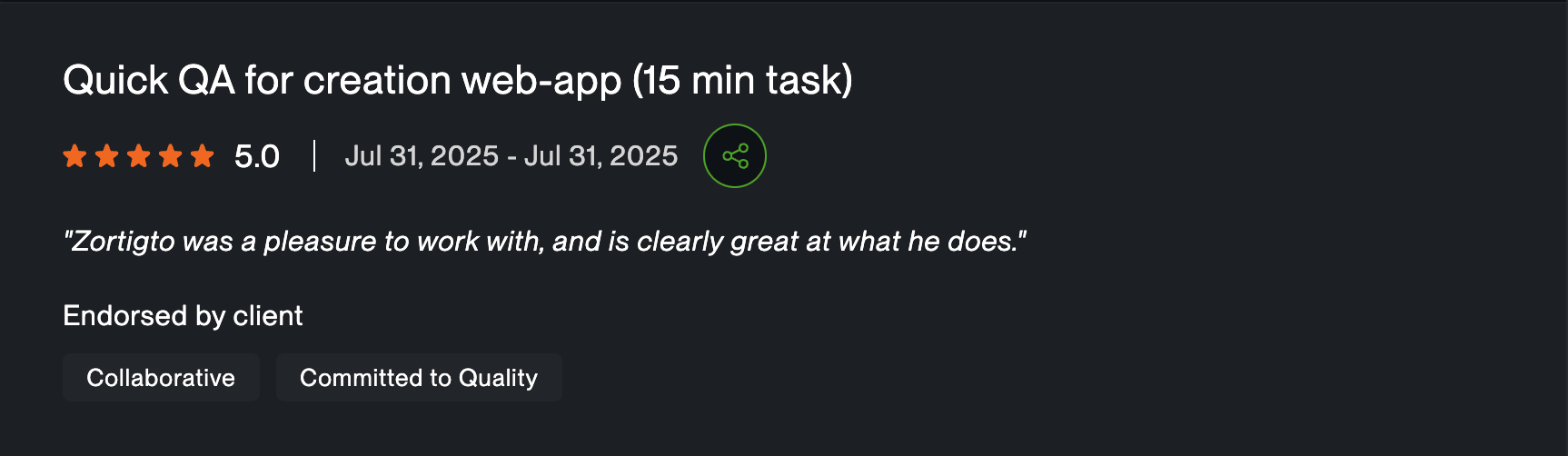 Upwork client review for quick QA testing of a web application