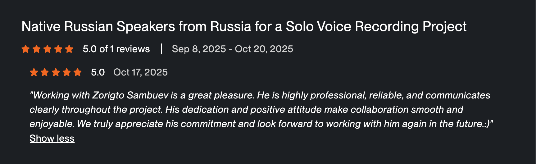 Upwork client review for a solo voice recording project