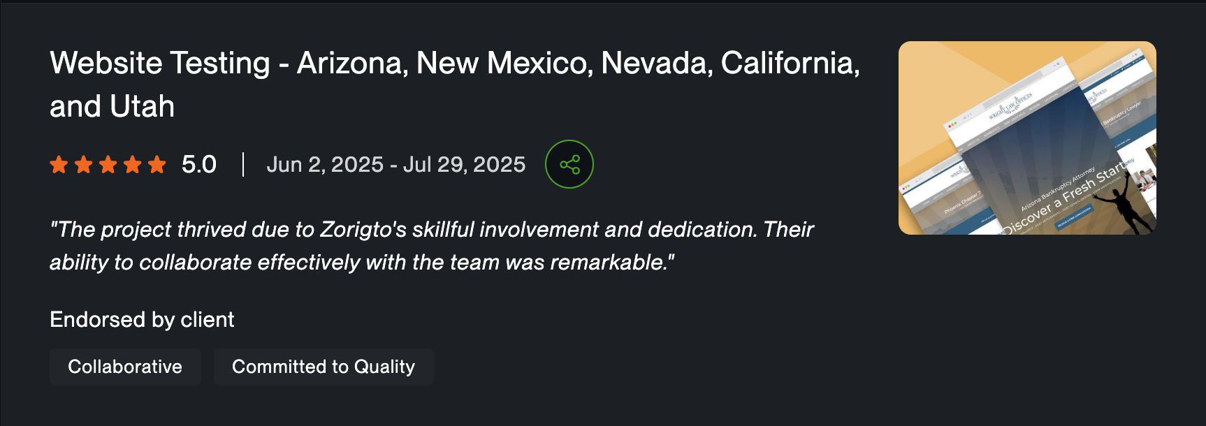 Upwork client review for website testing across five US states